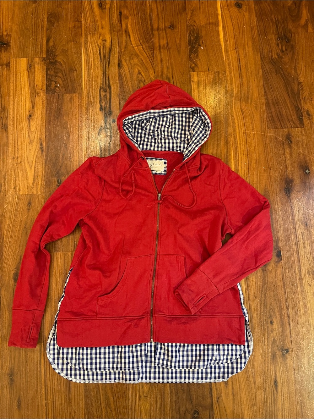 evy's tree Red Hooded Zip Utility Jacket with Gingham‎ Lining